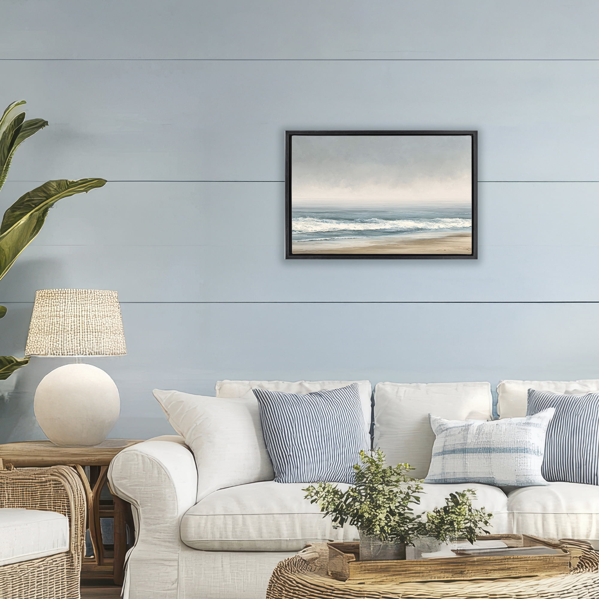 Stupell Industries Tranquil Mist Beachscape Black Framed Floater Canvas Wall Art, design by Jacky Ngan