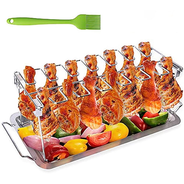 Rejilla para patas de pollo para horno y parrilla, asador de pollo de acero inoxidable, rejilla para pollo de 14 patas, rejilla para patas de pollo con bandeja de goteo, soporte para parrilla de pollo y rejilla para barbacoa con cepillo para barbacoa