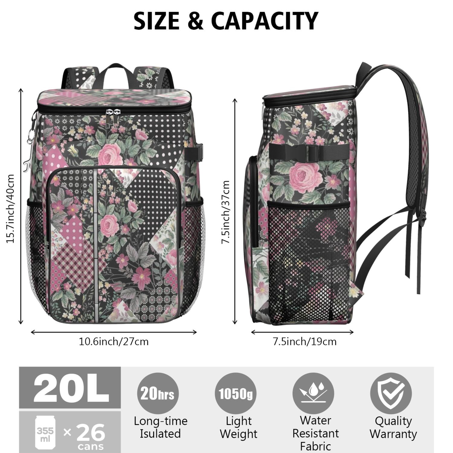 Travel Cooler Bag - Pioneer Flower Floral Print Pattern Camping Beer Cooler Backpack with Bottle Opener- Waterproof Insulated Picnic Backpacks - Cooler Bag for Beach