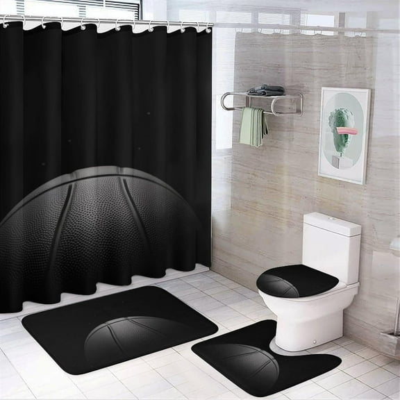 Basketball 4 Pcs Bathroom Shower Curtain Set,Bathroom Sets with Rugs (Bath Mat,U Shape and Toilet Lid Cover Mat), Bathroom Decor Set