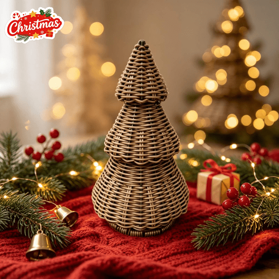 Hand Woven Imitation Rattan Christmas Tree, Xmas Wicker Decorations, Tabletop Display Figurines, Indoor Decor for Room Table Mantel