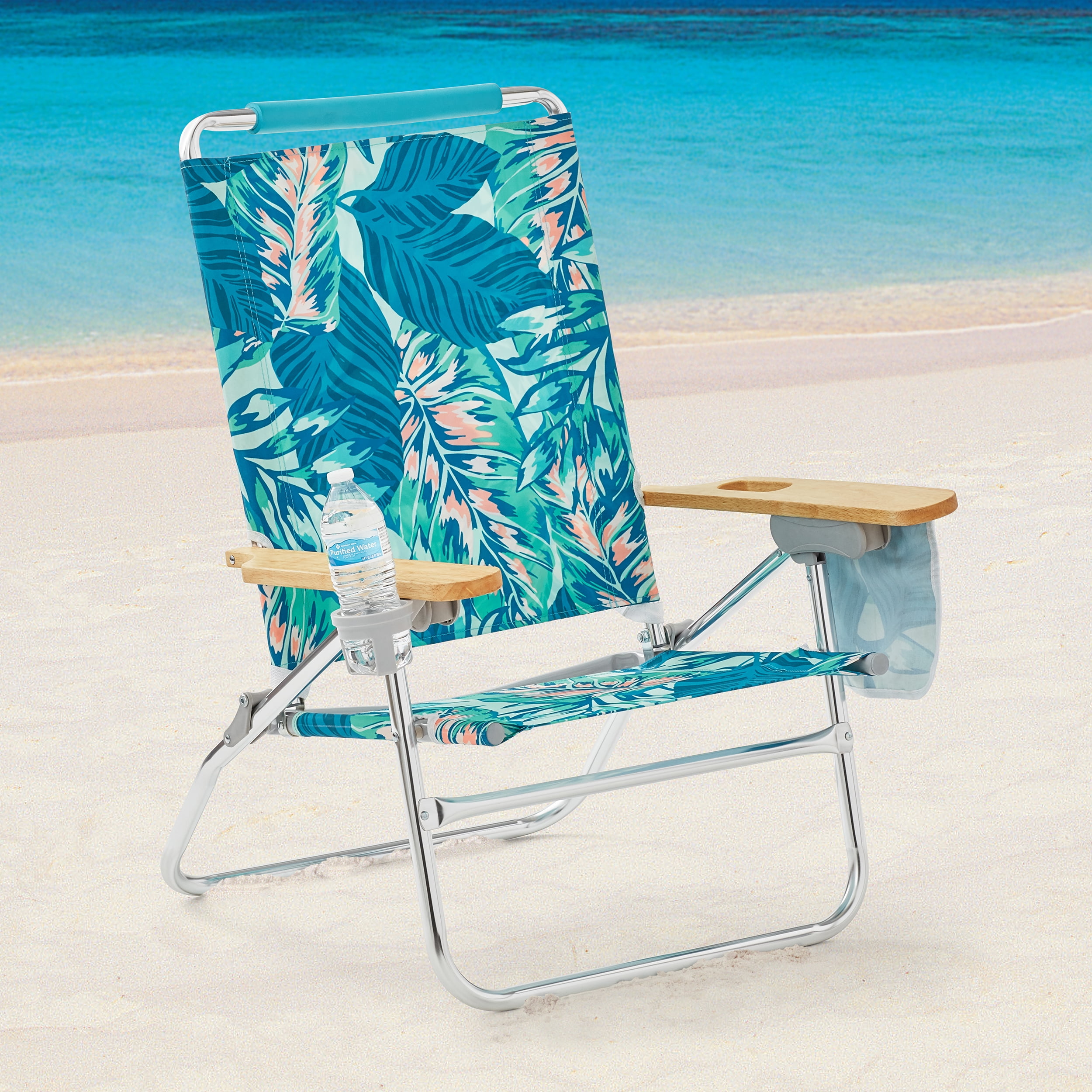 Mainstays Wood Arm Reclining Comfort Height Beach Chair, Green Palm