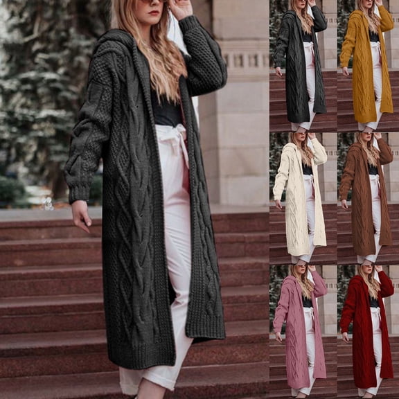 Lovzfmll Cardigan Sweaters for Women, Solid Color Hooded Long Cardigan, Cable Knit Open Front Coat, Fall Winter Clothing