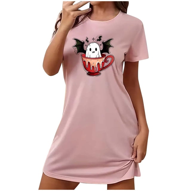 Tnhcen Robe de Nuit pour Femmes Saison Effrayante Grande Taille Imprimé Dessin Animé Manches Courtes Col Rond Polyester Spandex Doux P-2TG pour des Nuits d'Halloween Douillettes