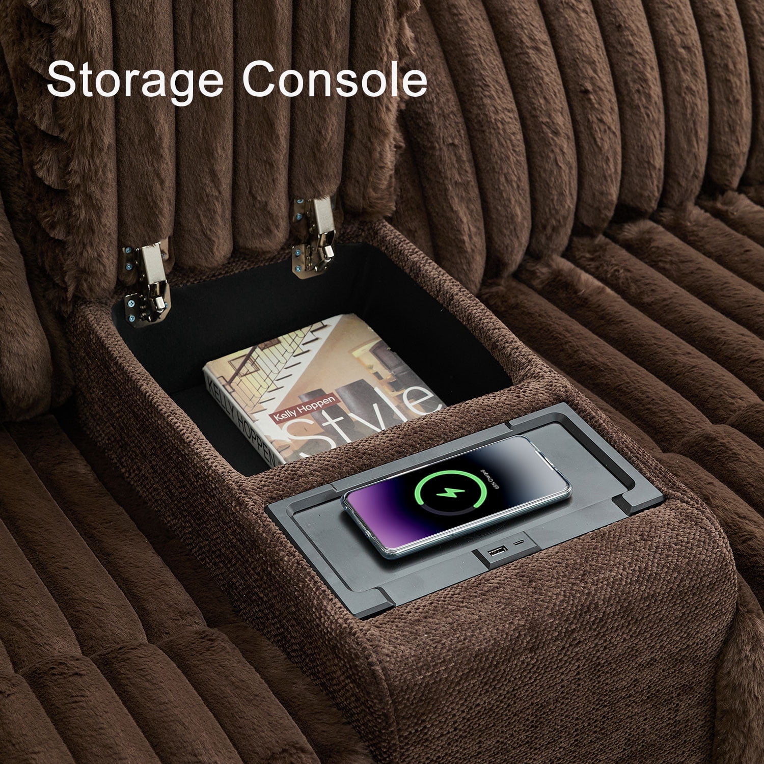 Comfort Stretch Power Recliner Sectional Faux Fur Sofa with Wireless Charging USB Type-C Ports Storage Console 2 Pillows Brown