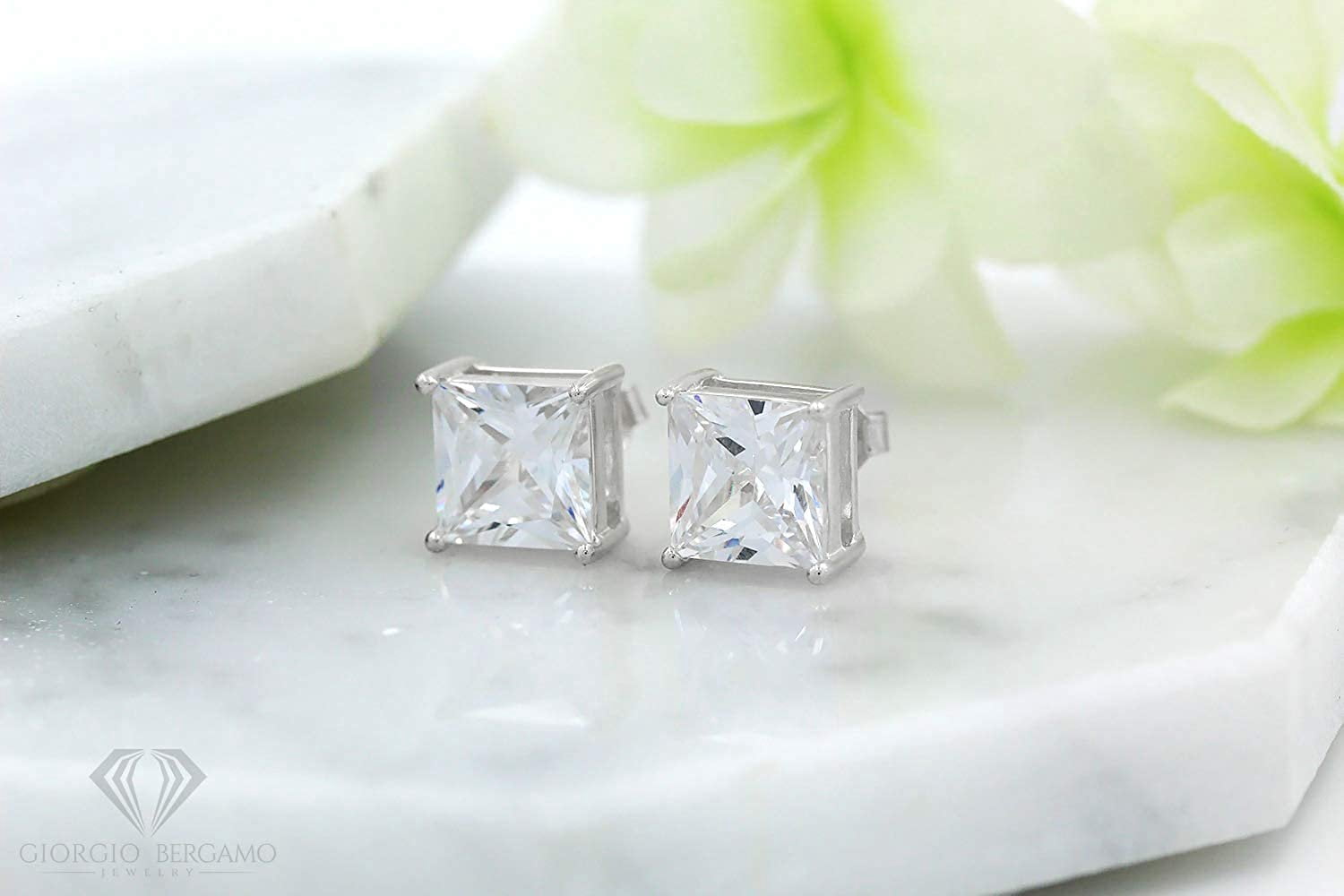 925 Sterling Silver 3mm - 10mm Princess Cut Square Rhodium Plated Unisex Classic Clear Cubic Zirconia CZ Stud Earrings, Giorgio Bergamo 9mm