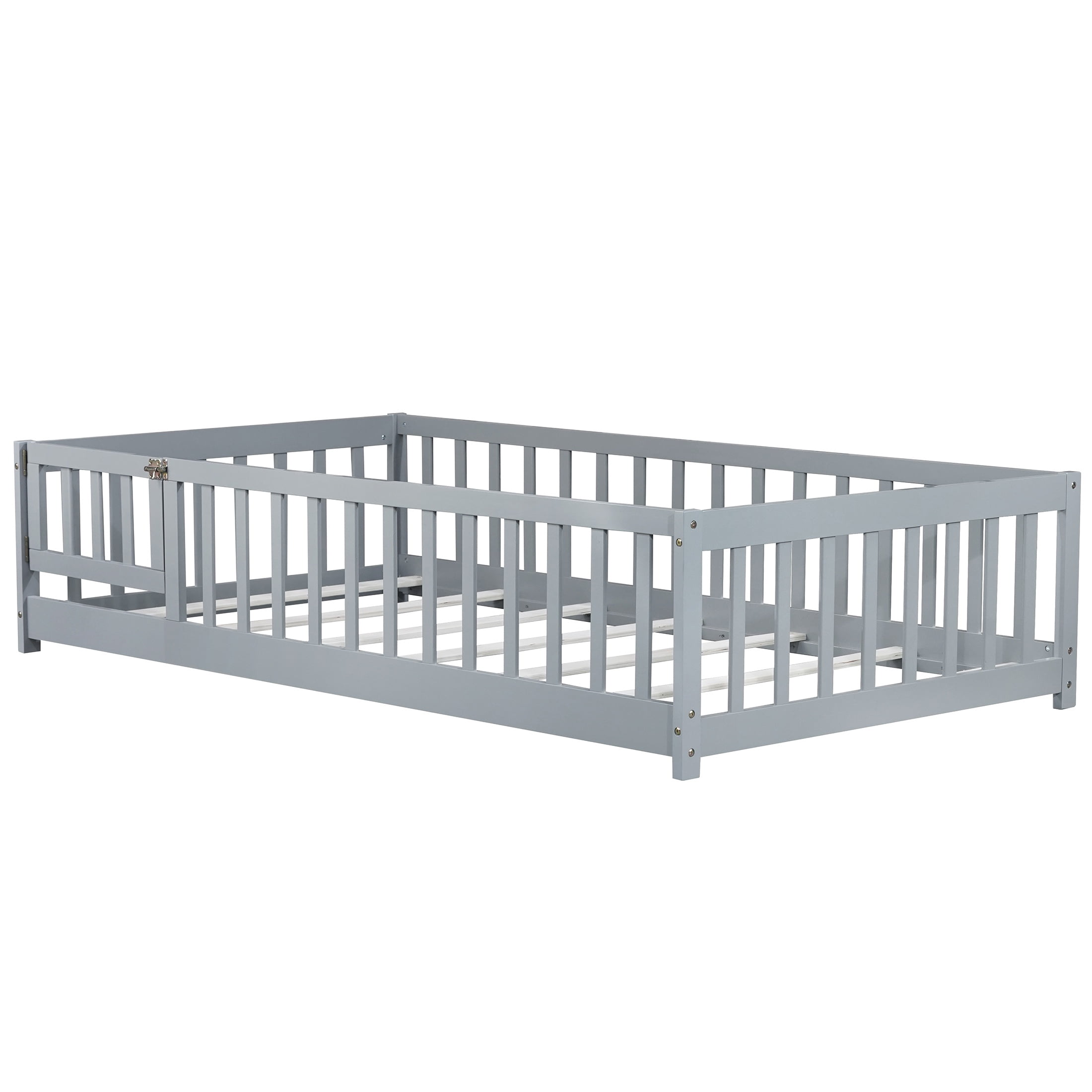 Sesslife Twin Size Floor Bed with Door and Fence, Wood Floor Platform Bed with Slats, Montessori Bed for Boys Girls, No Box Spring Needed, Grey