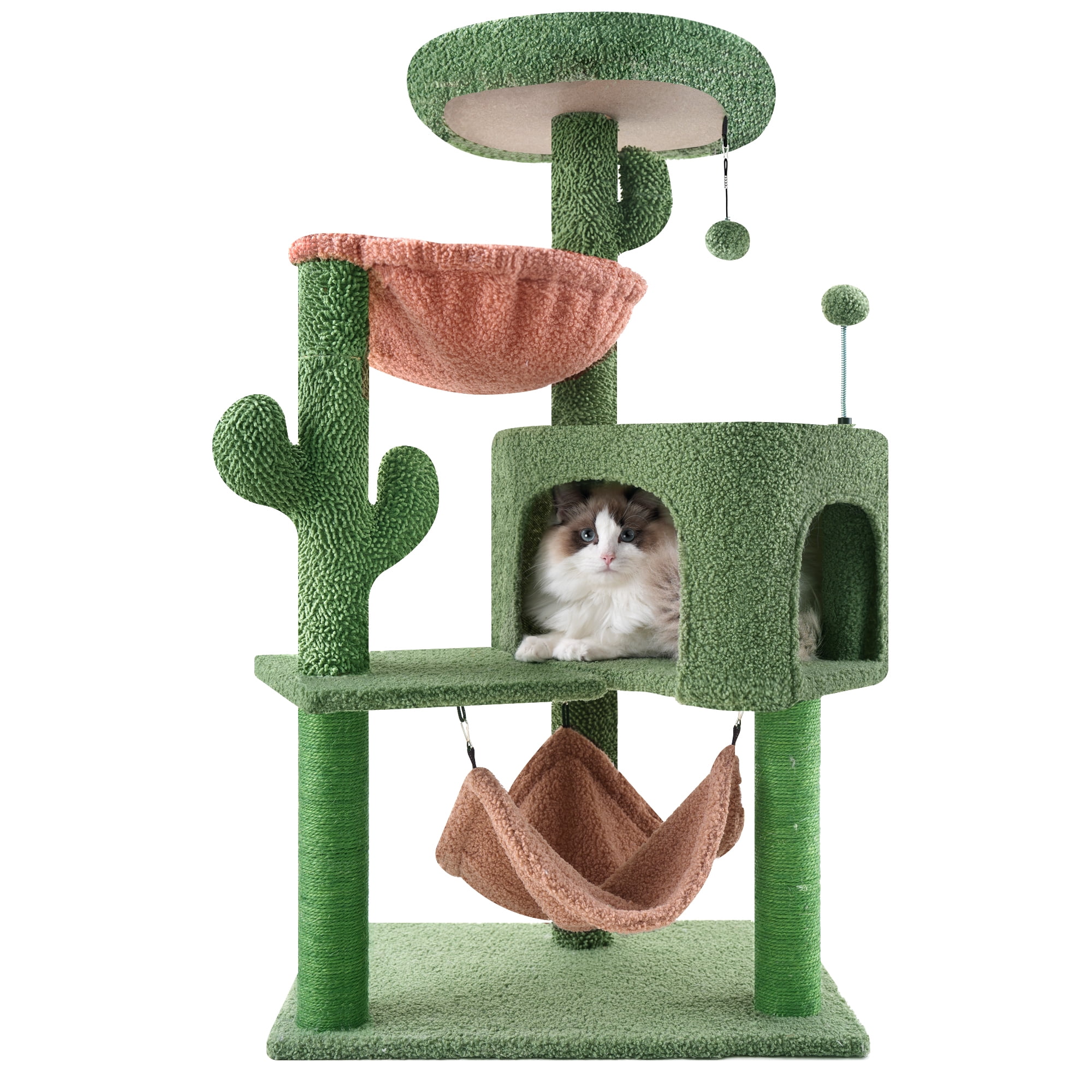 AIWIKIDE 39.37 inch Cactus Cat Tree Tower with Condo and Big Hammock for Indoor Small Cats, Green