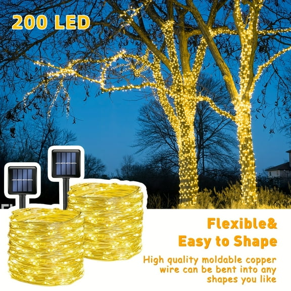 Solar String Lights Outdoor, 2 Pack 200 LED Copper Wire Fairy Lights Warm White for Yard