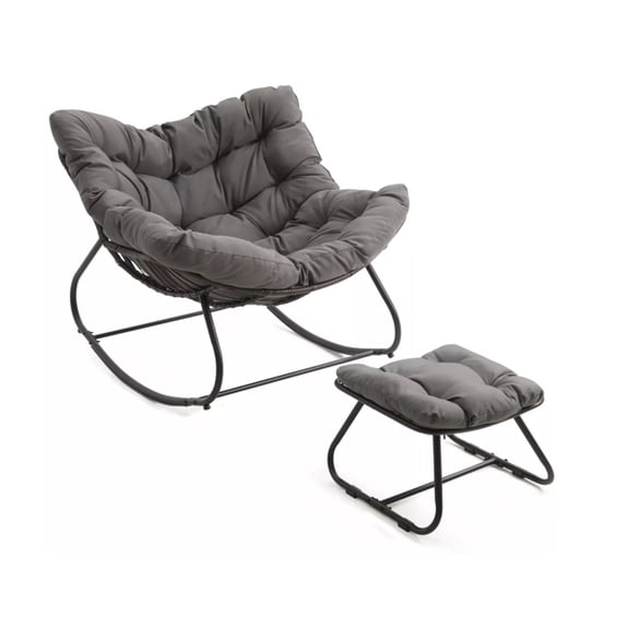 Outdoor Patio Rocking Chairs, Oversized Papasan Rocker Chair Indoor with Padded Cushion - Rocker Egg Chair with Ottoman, All-Weather Wicker Lounge for Front Porch, Garden, Backyard Light Gray