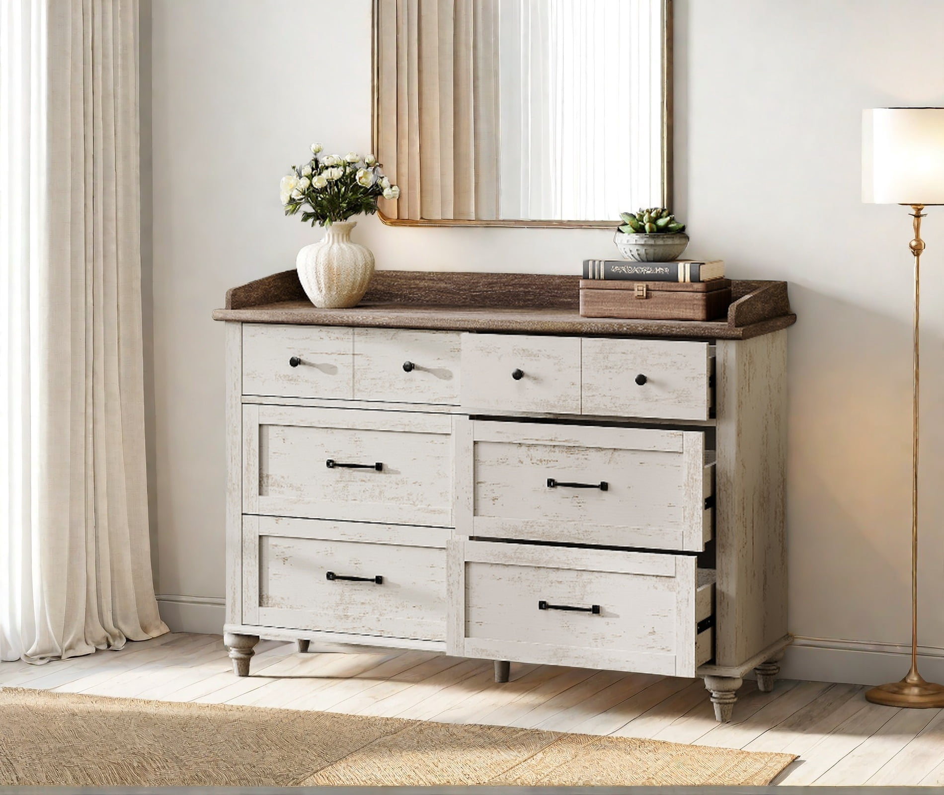Wooden Dresser Rustic White with 6-Drawer Vanity Cabinet, Modern Farmhouse for Bedroom, Living Room, Entryway