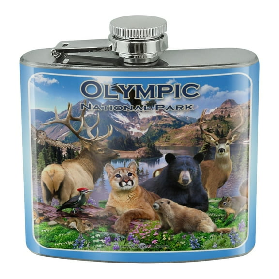 Olympic National Park Washington WA Animals Cougar Bear Elk Beaver Stainless Steel 5oz Hip Drink Kidney Flask