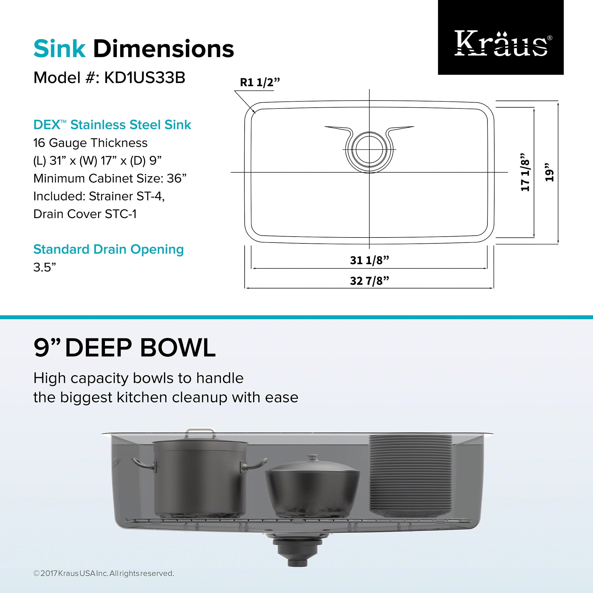 Kraus Dex Undermount Stainless Steel 33 In Single Bowl Kitchen Sink