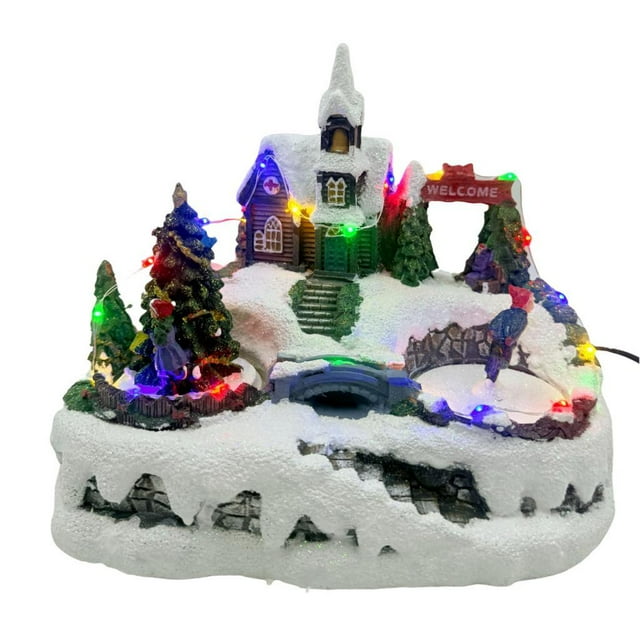 caja de música navideña, decoración navideña con luz, decoración de mesa giratoria, de navidad musical para niñas, cumpleaños caja musical de resina multicolor con escena invernal: vista frontal centrada de una casa con techo nevado, árbol giratorio, figuras y puente sobre base nevada; luces LED multicolor iluminan la escena, medida aprox. 22 x 17.5 x 22 cm; también apta para decorar mesas de fiesta.