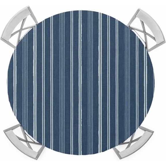 Navy Blue Striped Round Tablecloth, Fitted Table Cover with Elastic for 36-44 Round Tables, Farmhouse Stripes Modern Vintage Table Cloth Outdoor Indoor Dinning Party Waterproof Tablecloths