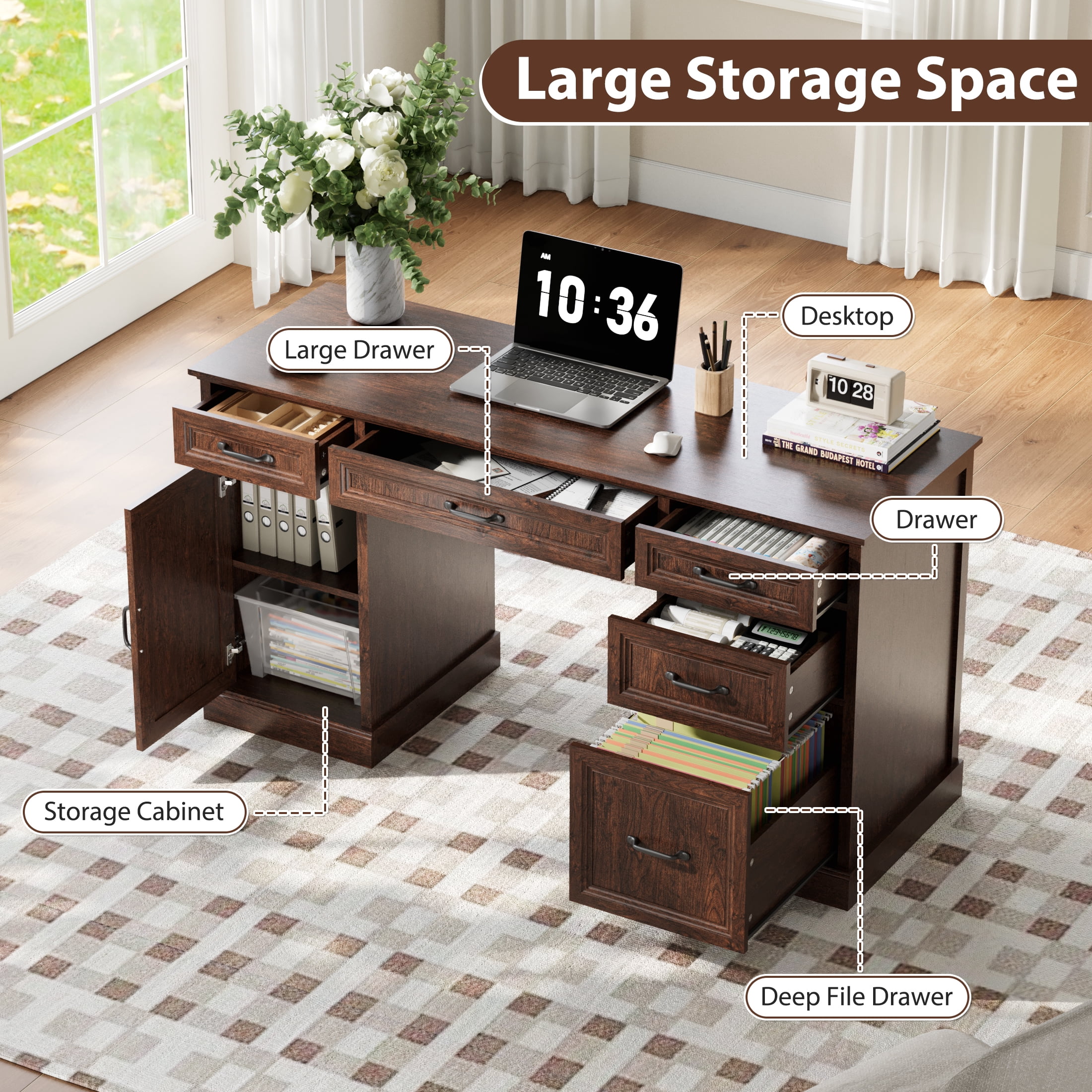YouTrend 58'' Farmhouse Executive Desk,Wood Home Office Computer Desk with 5 Drawers and Storage Cabinet for Work Study Writing,Brown