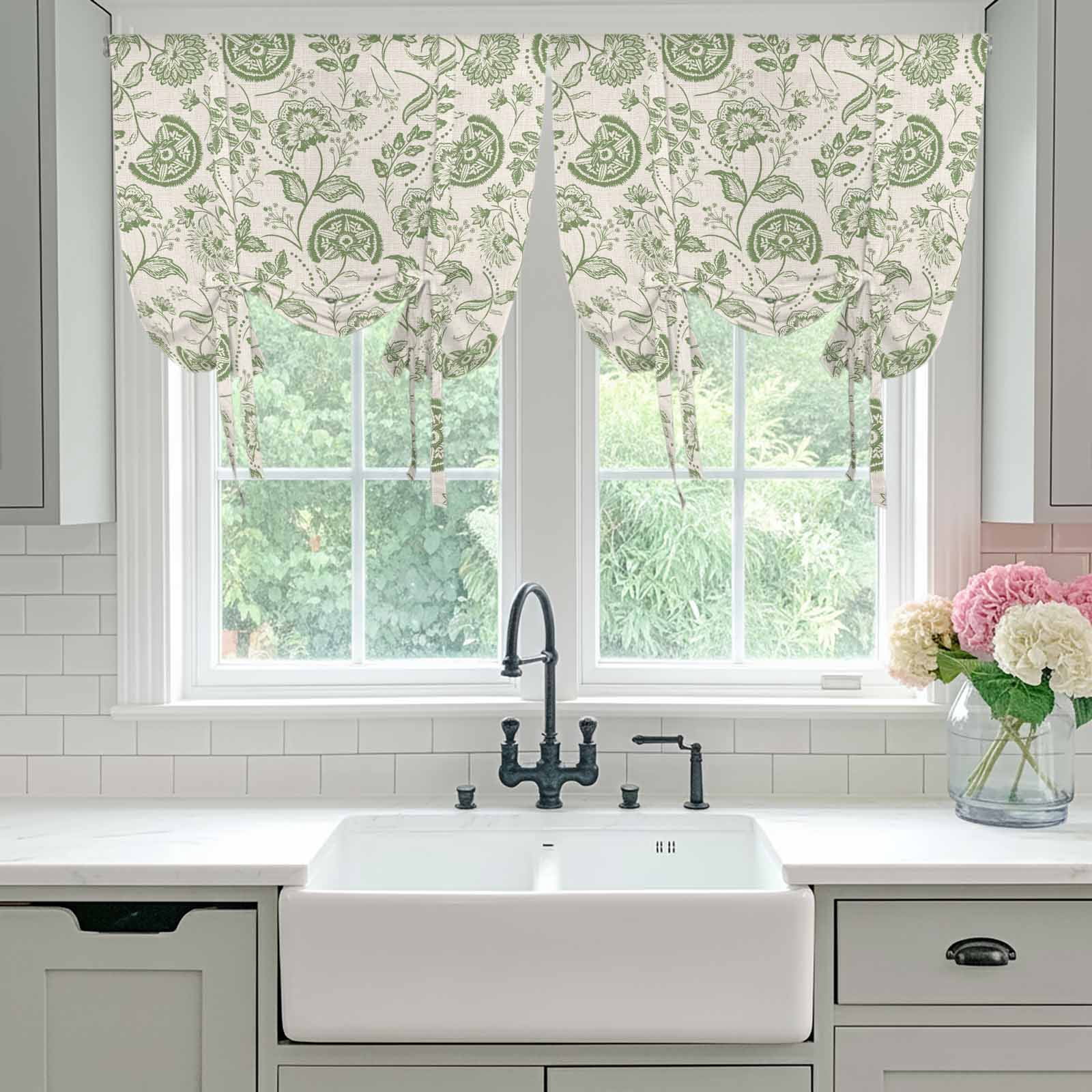 Farmhouse Sage Green Floral Tie Up Curtains, Linen Boho Flower Rustic Country Adjustable Rod Pocket Balloon Curtains Light Blocking Window Treatment for Kitchen Living Room Bedroom, 34 × 45 In