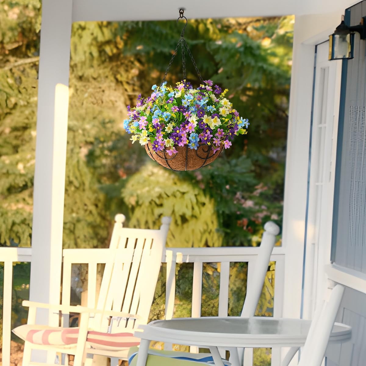 Artificial Hanging Flowers in Basket,Fake Daisy Plants Arrangement,inch Coconut Lining Basket Hanging Plant,Outdoor Indoor Patio Lawn Garden Porch Spring Decor (Dark Purple)