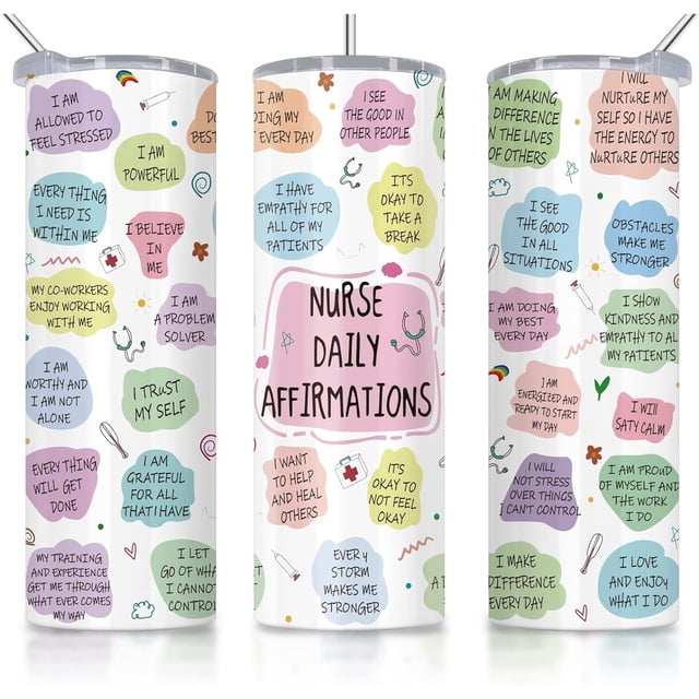 regalos de agradecimiento para enfermeras, vaso de enfermera personalizado 20 oz con aislamiento: vaso rosa con texto central "Nurse Daily Affirmations", burbujas de color con afirmaciones en inglés, pequeñas ilustraciones de estetoscopio y jeringa, tapa transparente con popote, acabado de acero inoxidable, vistas frontal y laterales 3/4.