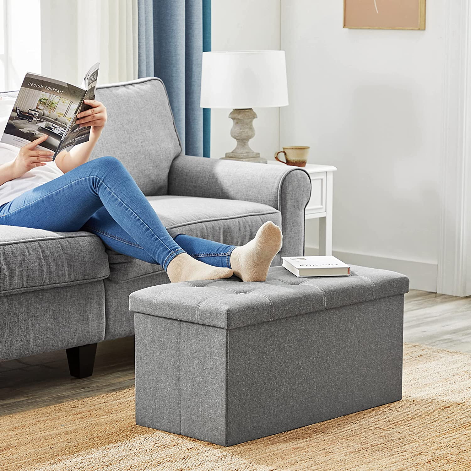 SONGMICS 30" Storage Ottoman Holds 660 lb Ottoman with Storage Folding Storage Bench Footstool for Entryway Living Room Light Gray