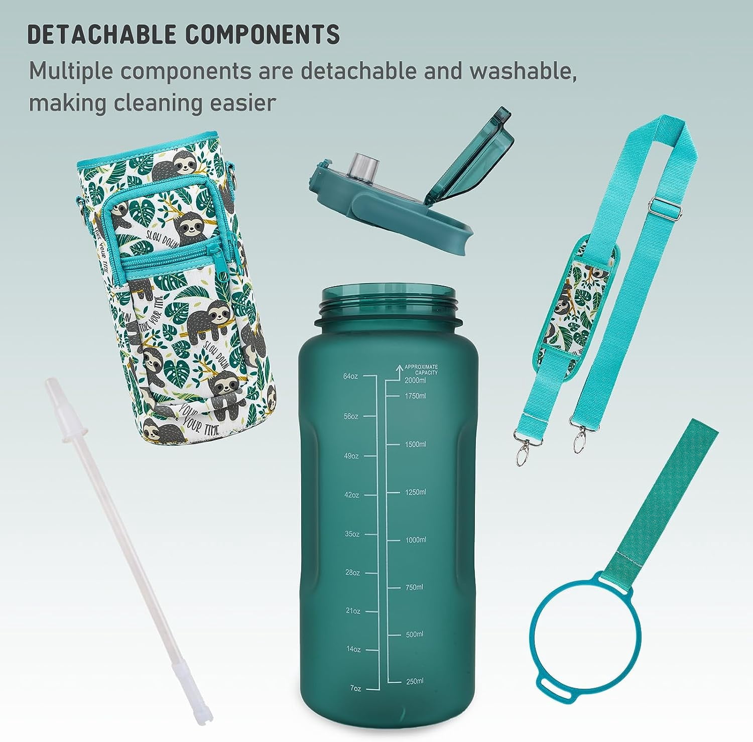 Half Gallon Water Bottle with Sleeve BPA Free 64 oz Water Jug with Straw and Time Marker, Motivational Gym Workout Pregnancy Water Bottles Gifts for Women