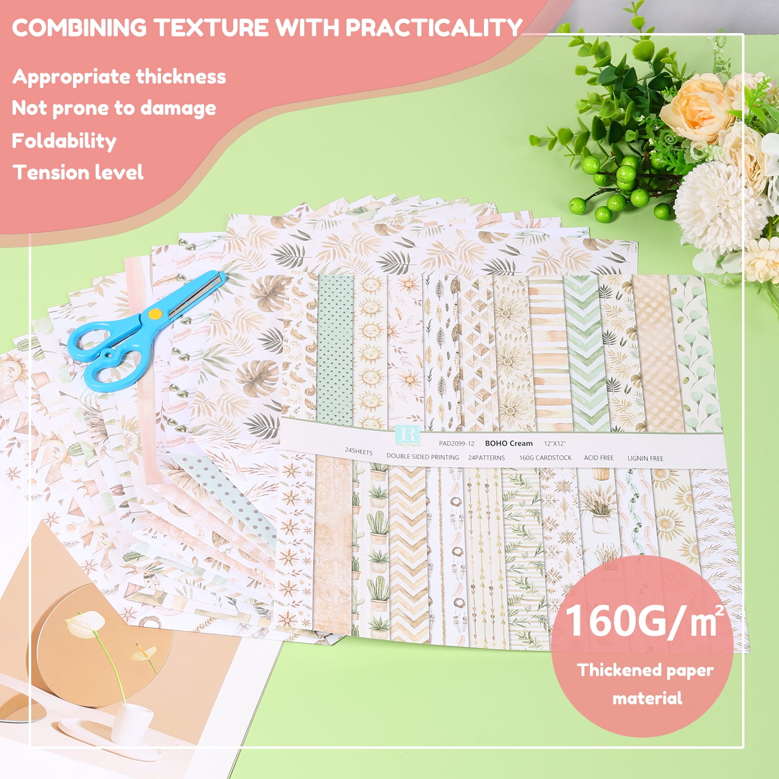 24 Sheet Aesthetic Scrapbook Paper Soft Color Pattern Paper Double Sided Printing for DIY Card Making Scrapbook Wedding Photo Album Home Decor 12 x 12 Inch