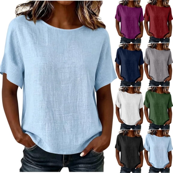 VBVC Women's Linen Blend Short Sleeve Shirt , Casual Crew Neck Blouse For Women, Ladies' Lightweight Loose Fit Tunic Top,Black,S-2XL
