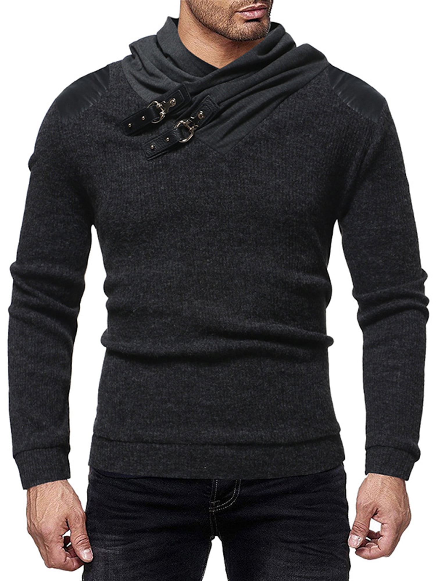 Wodstyle - Men's Knit Cowl Neck Leather Buckle Pullover Long Sleeve ...