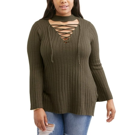 Junior Plus Side Slit Lace Up Tunic Sweater