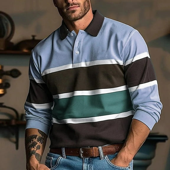 QHRMKOG Mens Long Sleeve Polo Shirts Casual Color Block Golf Shirts Loose Fit Collared Golf Tshirts Trendy Pullover Top Purple M