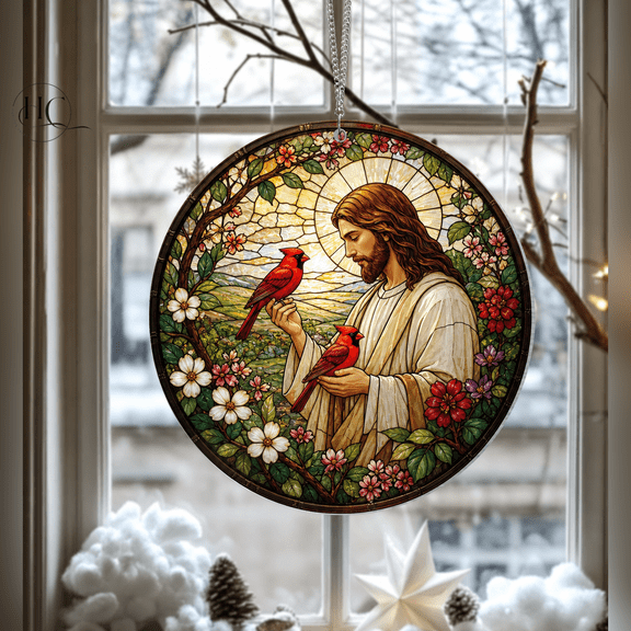 Suncatcher Jesus and Cardinal Stained Glass Window Hanging for Christian Bird Lovers