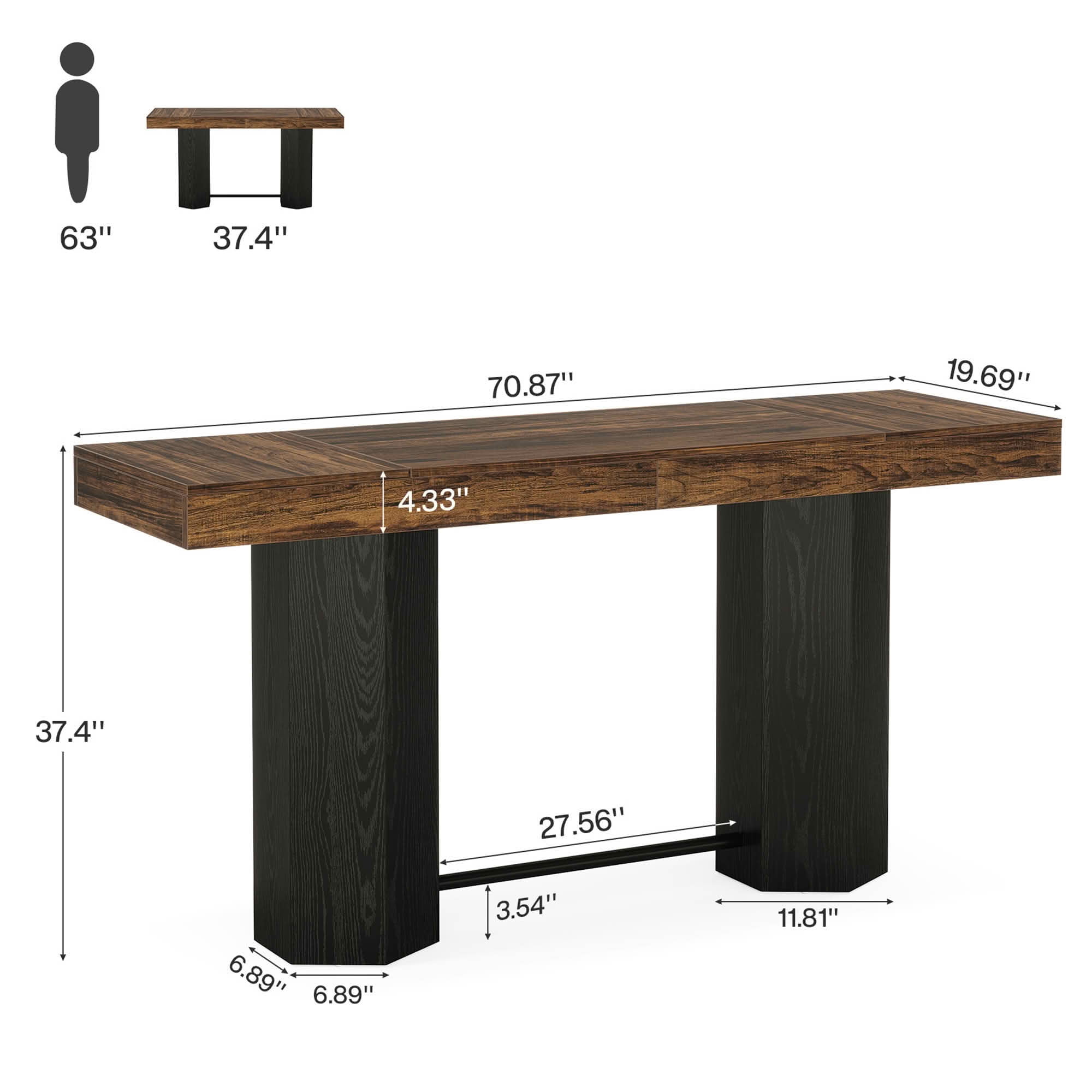 MAYEERTY 71" Industrial Bar Height Table, Walnut Woodgrain MDF Top 4-6 Person Home Bar Table with Hexagonal Base, 300lbs Capacity