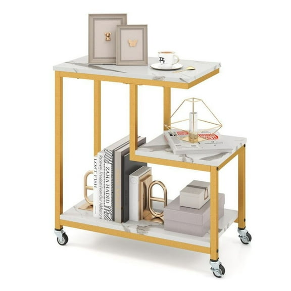 G-Shaped Side Table 3-Tier Mobile End Table with Open Shelves, Rustic Brown, Metal Frame, 100lbs Capacity, Living Room, Bedroom, Office, Plant Stand, Printer Shelf