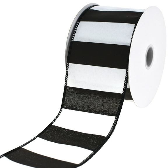 HOMEFORD ESC05 Railroad Stripes Wired Ribbon, 2-1/2-inch, 10-yard, Black/White