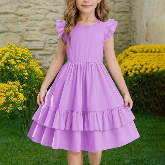 Vmvidoty Girls Summer Flutter Sleeve One-Piece Frock Dress Purple 7 Years