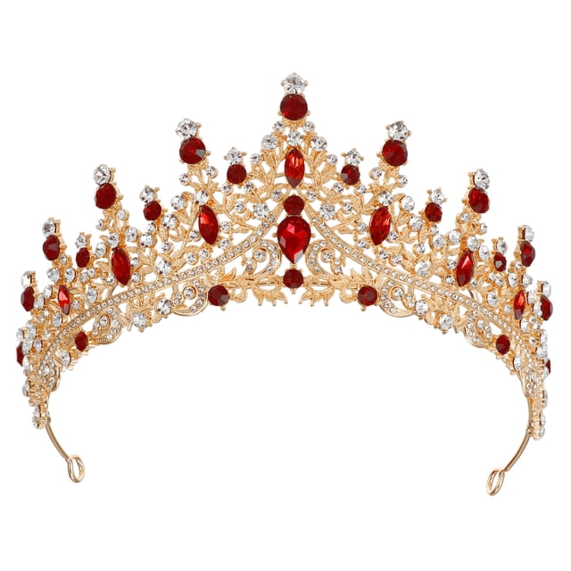 Tiara de corona de reina de cristal de imitación Unique Bargains Tono dorado rojo 15x6,8 cm