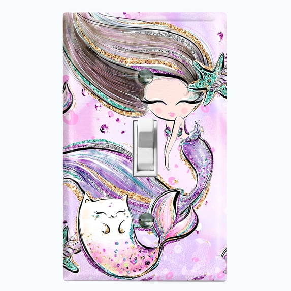 Metal Light Switch Wall Plate Outlet Cover (Mermaid Cat Pattern Glitter Print Pastel - Single Toggle)