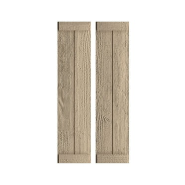 Ekena Millwork 11"W x 24"H Rustic Two Board Joined Board-n-Batten Rough Sawn Faux Wood Shutters w/End Batten (Per Pair), Primed Tan