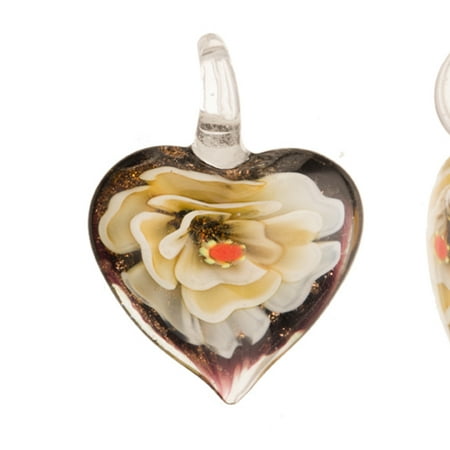 Italian Murano Glass Flower - Phlox Flower Purple Base Heart Lampwork Glass Pendant 32x31mm Handmade Murano Inner Flower And Lampwork Glass Pendant (3pcs Bundle), SAVE $2