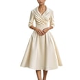 thumbnail image 2 of Formal Dresses for Women Satin Long Sleeve V Neck Lapel Collar Slim Fit A Line Flowy Midi Dress Wedding Guest Dress, 2 of 6