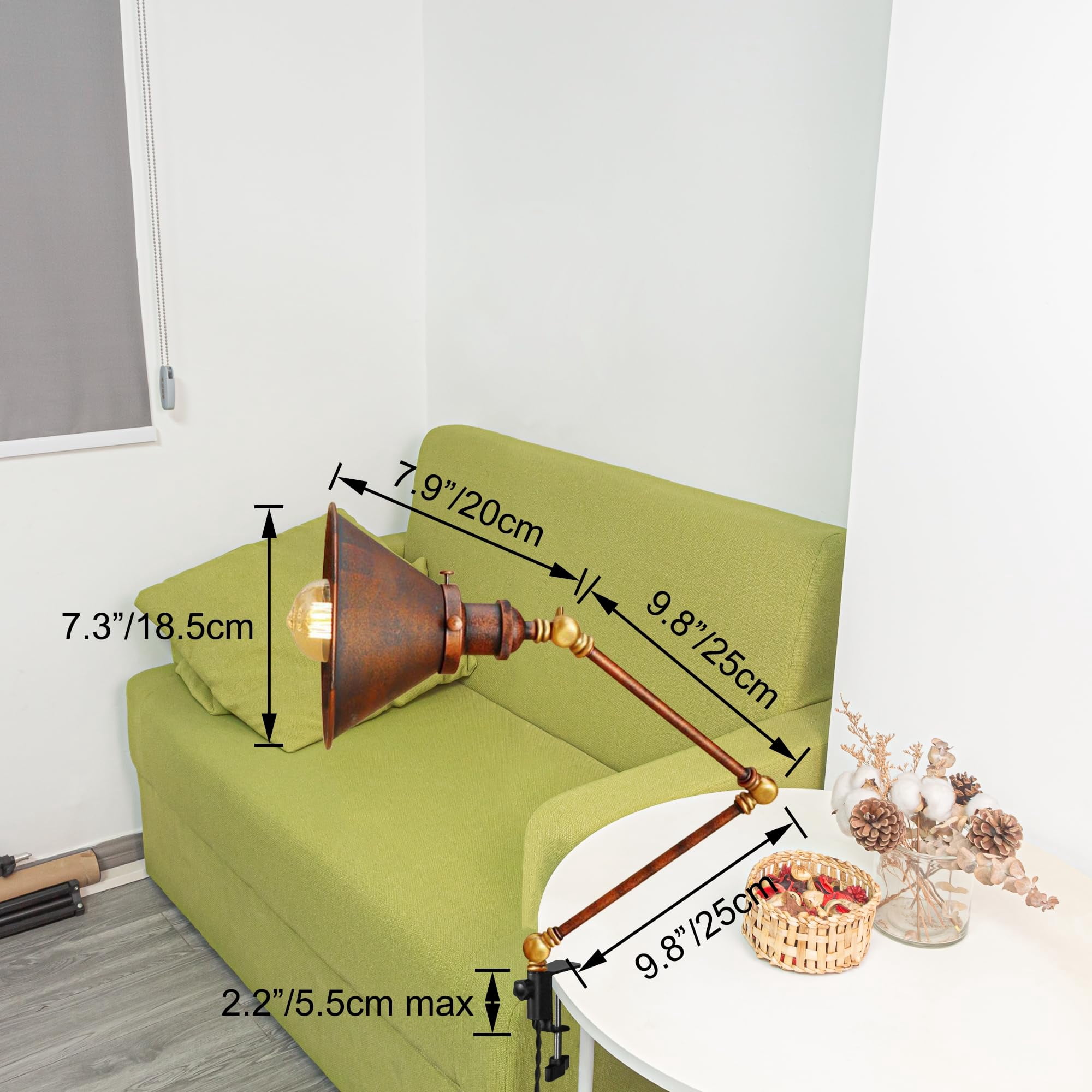 Kiven Dimmable Clip-on Desk Lamp, 1-Light Iron Modern Nightstand Lamp with Flexible Swing Arm, 8.2FT Plug in Cord, Decorative Clamp Lamps for Office Bedside Bookshelf, Rusty Red Finish,BD2775