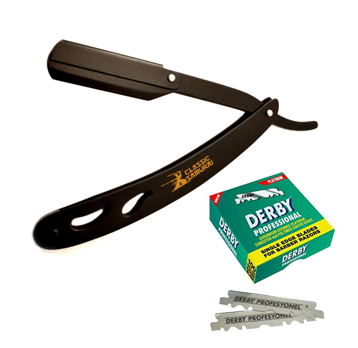Classic Samurai CS-102 Matte Black Folding Straight Razor, Shavette with 100 Count Derby Single Edge Razor Blades