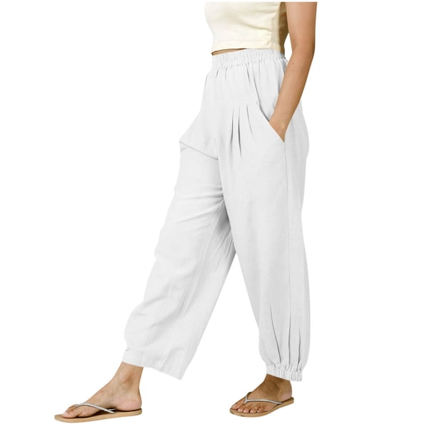 Pantalones de Cintura Elástica para Mujeres de Cintura Alta Color Sólido con Bolsillos, Pantalones de Longitud Completa Casual para Todas las Estaciones