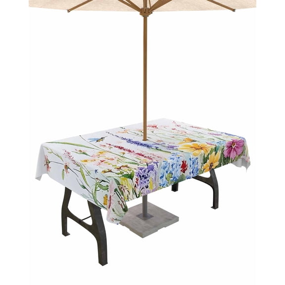 Hokiten Outdoor Tablecloths with Umbrella Hole & Zipper, Hummingbird Floral Rectangle Tablecloth 60x120 Inch, Farmhouse Floral Botanical Waterproof Table Cloth, Patio/Pool/Picnic Table Covers