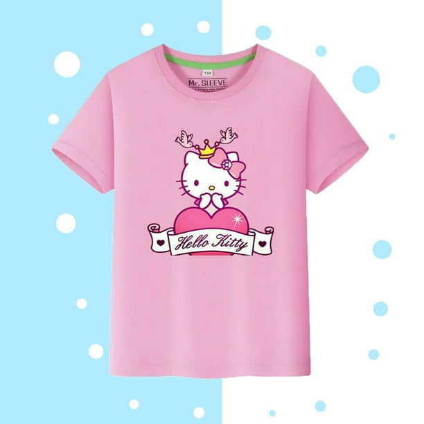 Camiseta de manga corta de Hello Kitty para niños, ropa suave, corazón femenino, regalo de cumpleaños, Kawaii, Sanrioed, verano, nuevo