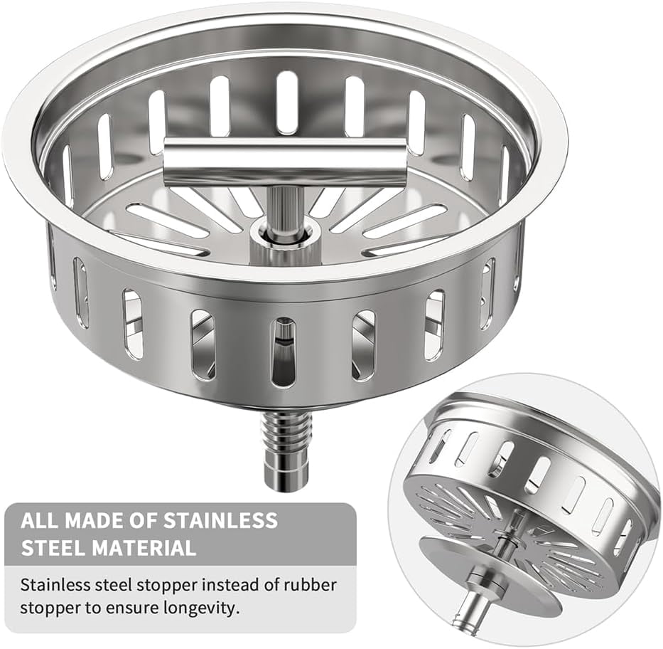 3-1/2 Inch Kitchen Sink Drain Strainer Assembly Made by All Stainless Steel with Strainer Basket/Drain Stopper, Replacement for Standard Commercial Drains