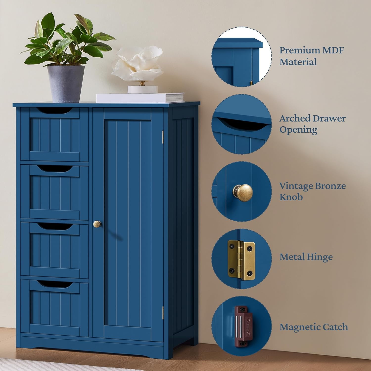 Wooden Bathroom Floor Cabinet, Side Storage Organizer Cabinet with 4 Drawers and 1 Cupboard, Freestanding Entryway Storage Unit Console Table, Bathroom Furniture Home Decor, Navy Blue