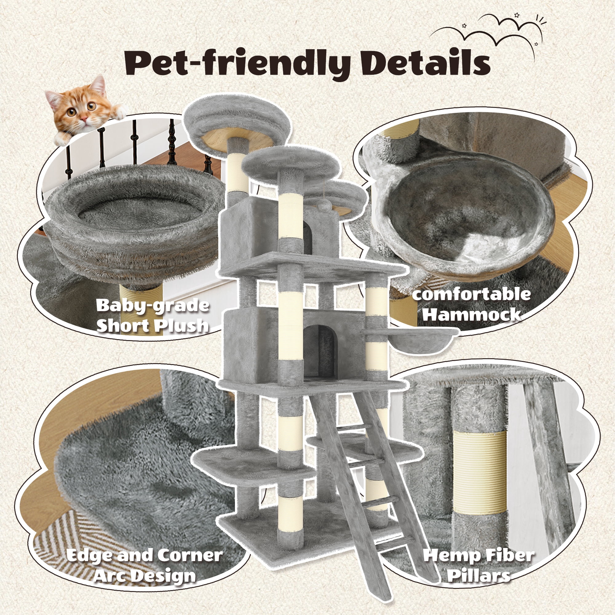 Multi-Level Cat Tree, 2 Condos, 3 Perches & Hanging Hammock, Natural Sisal Scratching Posts, Short Plush, Stable Structure for Kittens to Senior Cats & Multi-Cat Homes