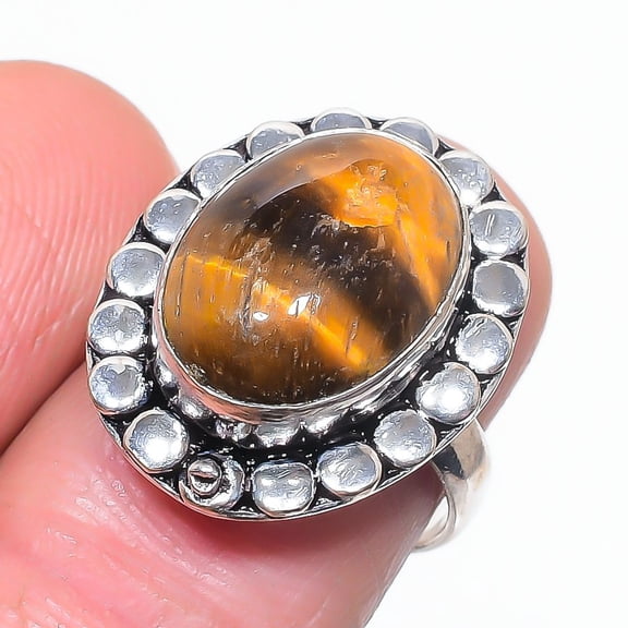 Natural Tiger Eye Gemstone Handmade 925 Sterling Silver Jewelry Ring Size 7