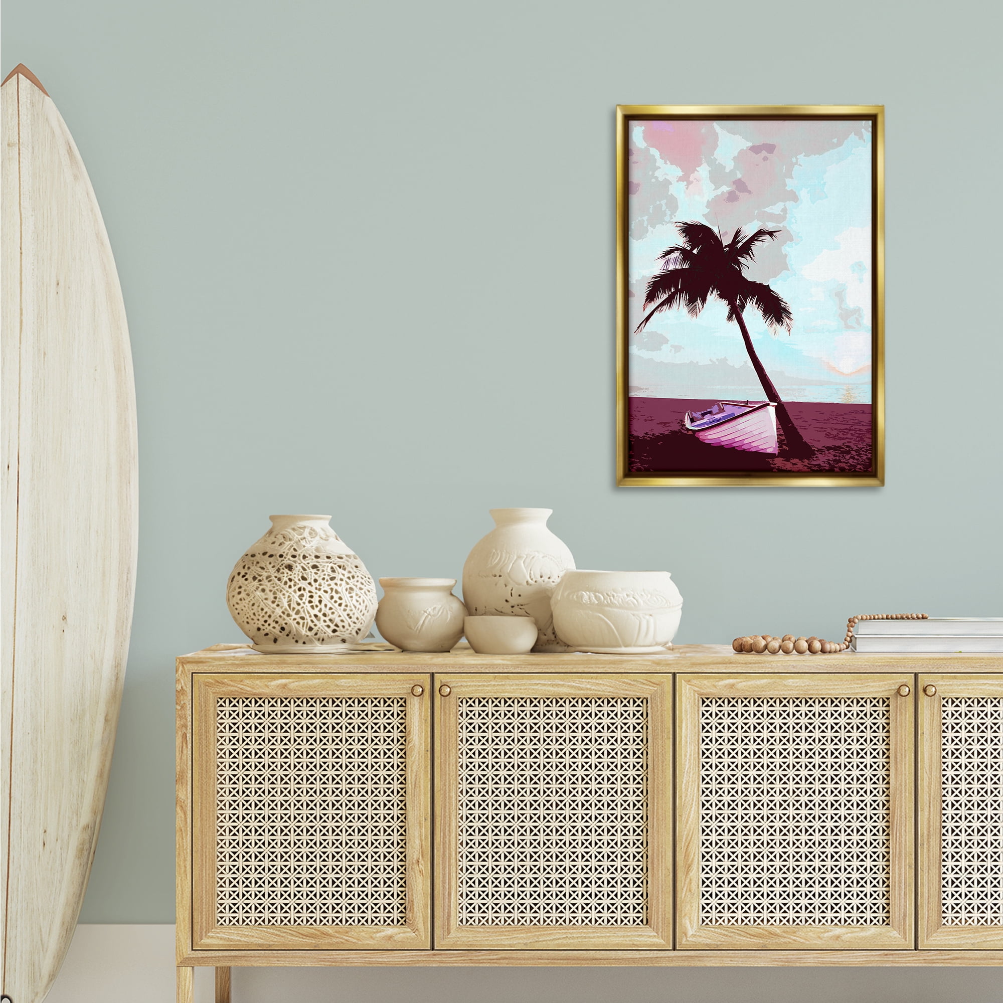 Stupell Industries Boat & Palm Tree Landscape Painting Gold Floater Framed Canvas Art Print Wall Art, 21 x 31